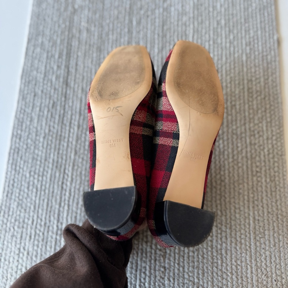 NINE WEST Red Black Plaid Square Toe Block Heel Ballet Flats Dress Shoes Sz 8 - Picture 5 of 8